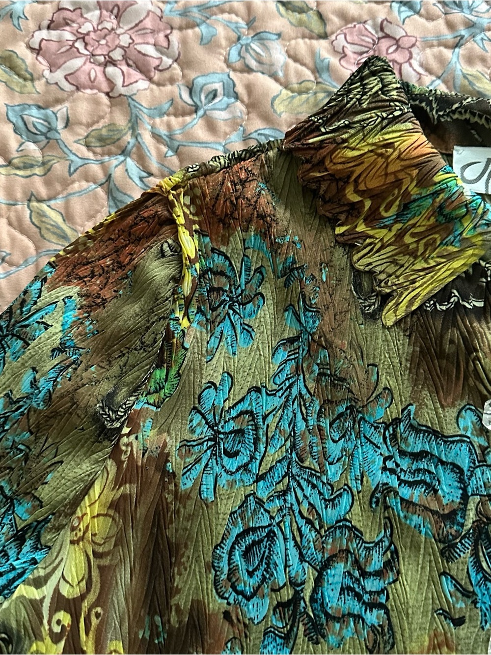 Dressbarn Turquoise Green & Brown Whimsy Floral Printed Women’s Blouse - Picture 2 of 7